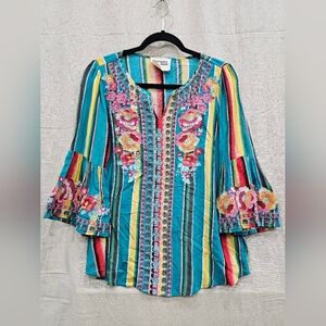 Savanna Jane Serape Floral Embroidered Pullover Tunic Size S